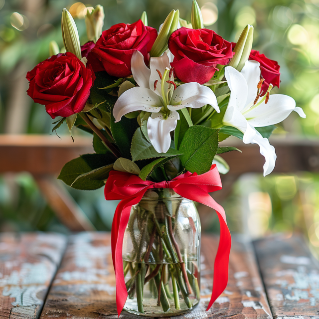 Florero con rosas rojas y lilium