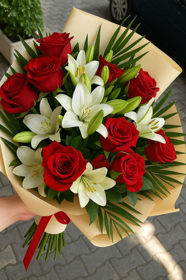 Ramo de 12 rosas y lilium blancos