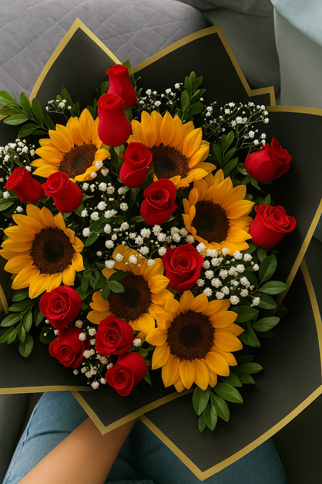12 rosas y girasoles