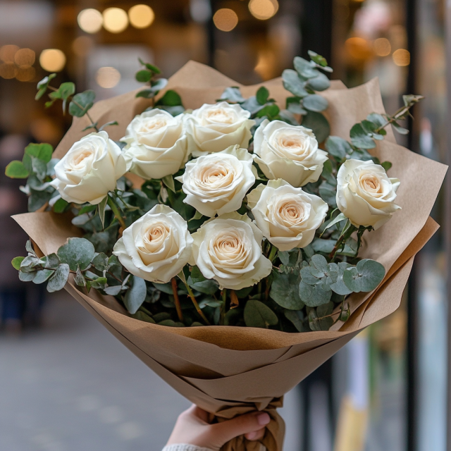12 rosas blancas en ramo redondo