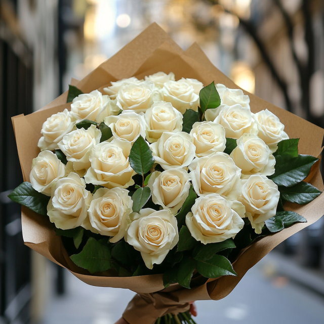 24 rosas blancas en papel madera