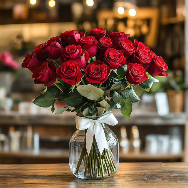15 rosas rojas en florero