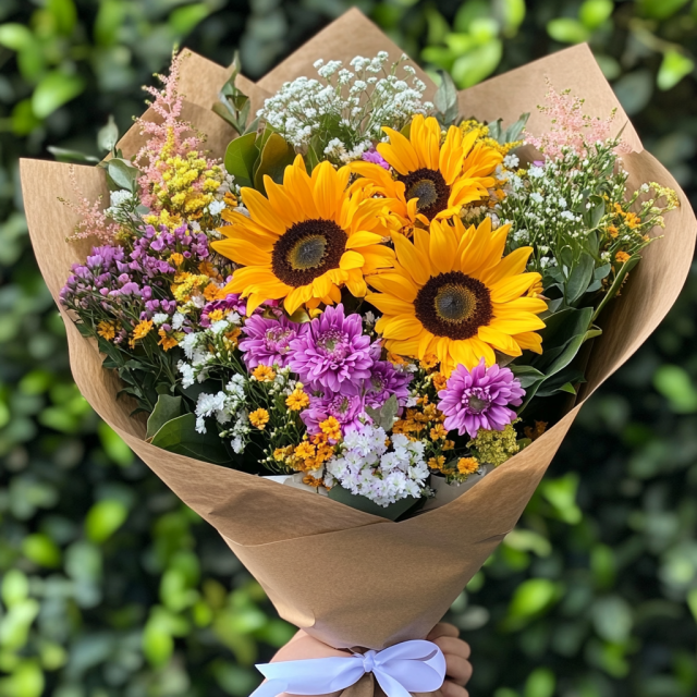Ramo de 5 girasoles y flores surtidas de colores