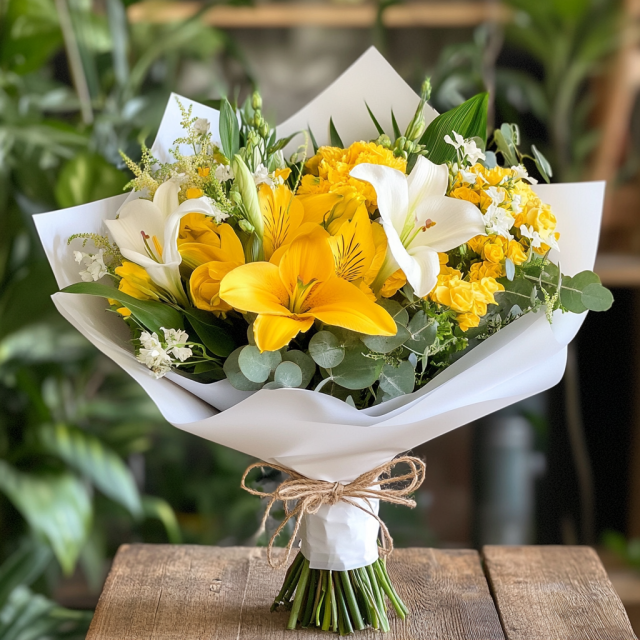 Ramo de lilium blancos y flores amarillas y 6 rosas blancas