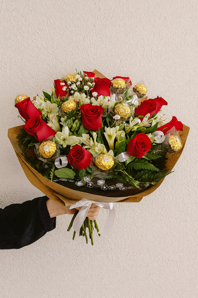 12 rosas, astromelias y ferrero rocher