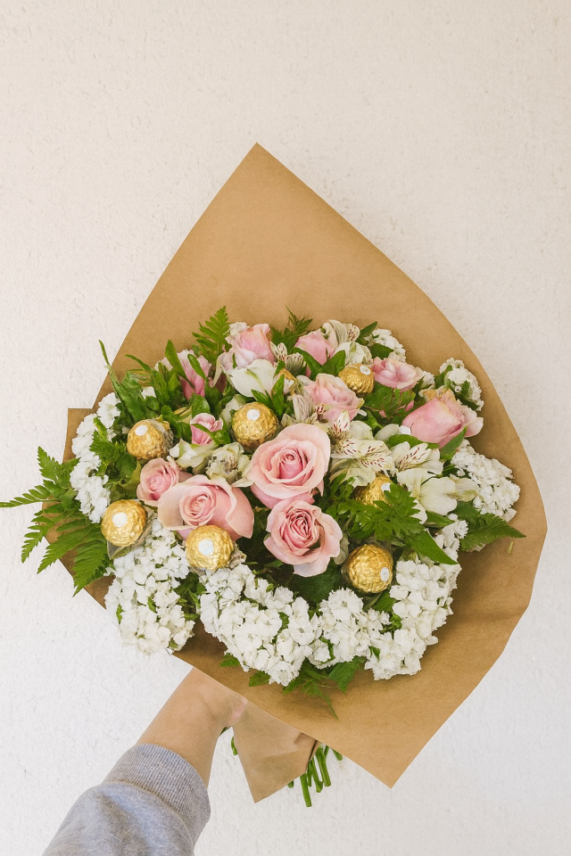 12 rosas rosadas, flores surtidas y ferrero rocher