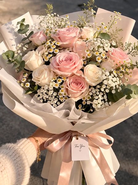 8 rosas surtidas y flores blancas
