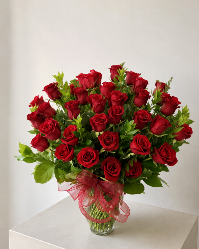 48 Rosas Rojas en Florero de vidrio