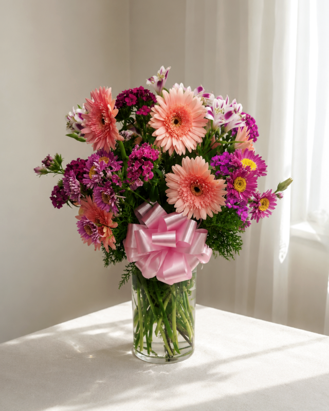 Florero con Gerberas, San Vicente y astromelias