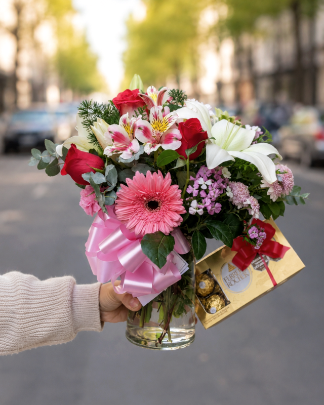 Florero con Flores Surtidas y Bombones