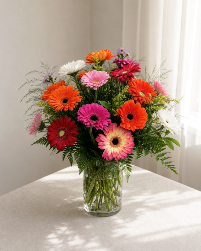 Florero grande de gerberas y verdes