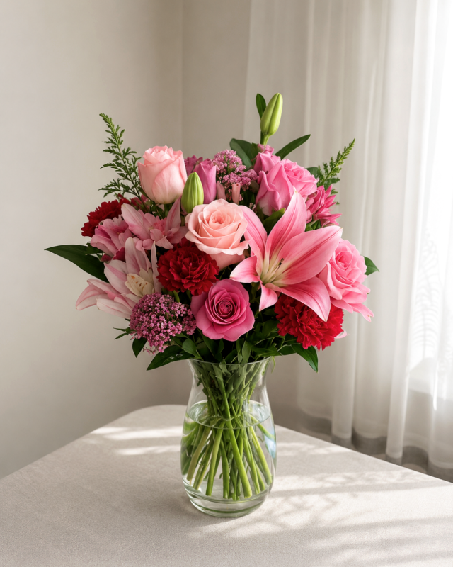 Arreglo con Rosas, Lilium y florero