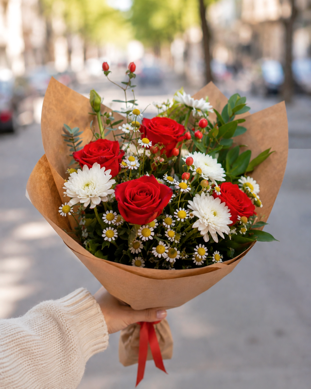 Rosas y flores blancas