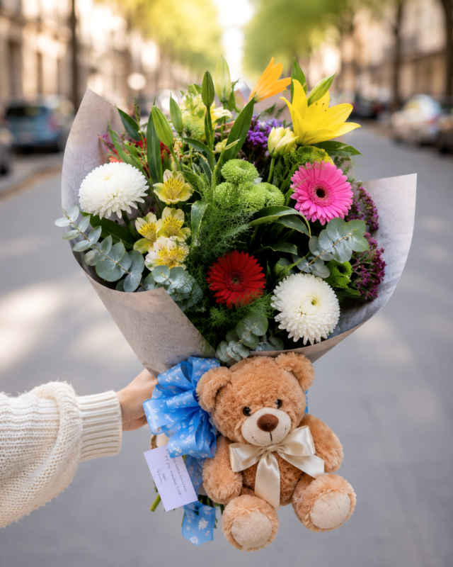 Ramo de lilium y gerberas con peluche
