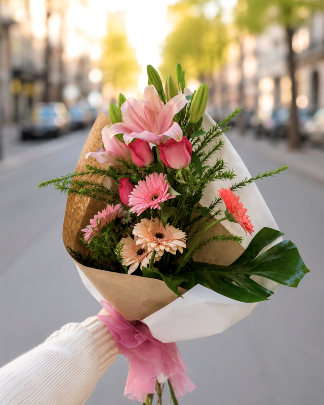Ramo delicado con gerberas, rosas y lilium