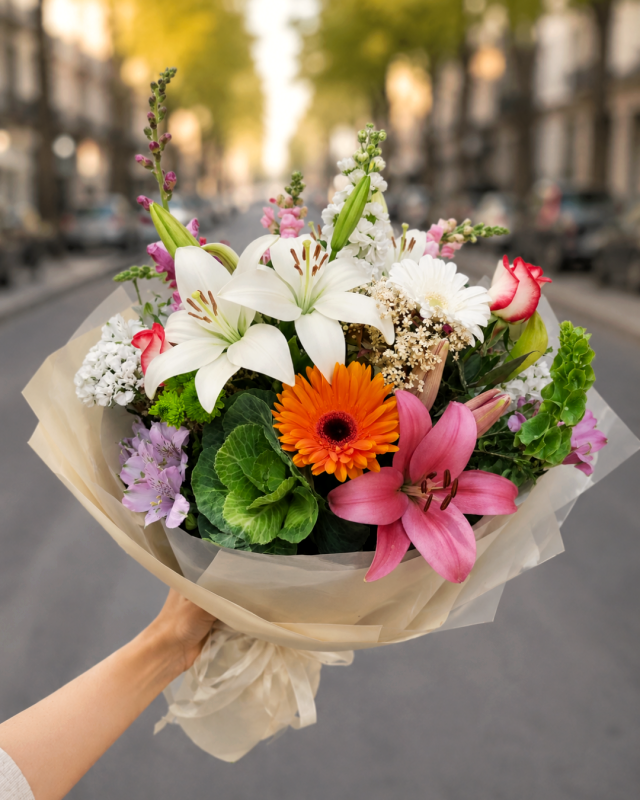 Ramo de Lilium, gerberas y verdes
