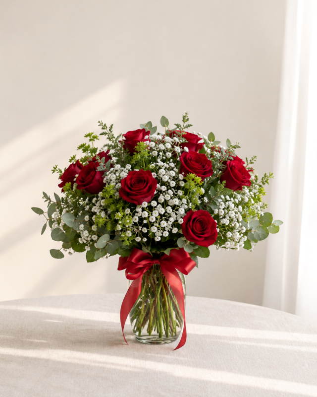 12 rosas en florero