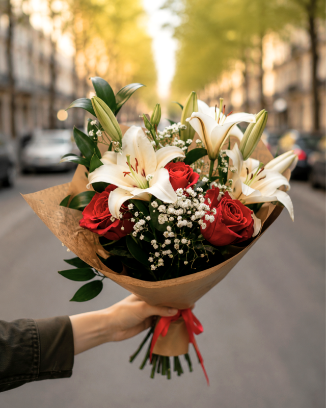 Ramo de 4 rosas y lilium blanco