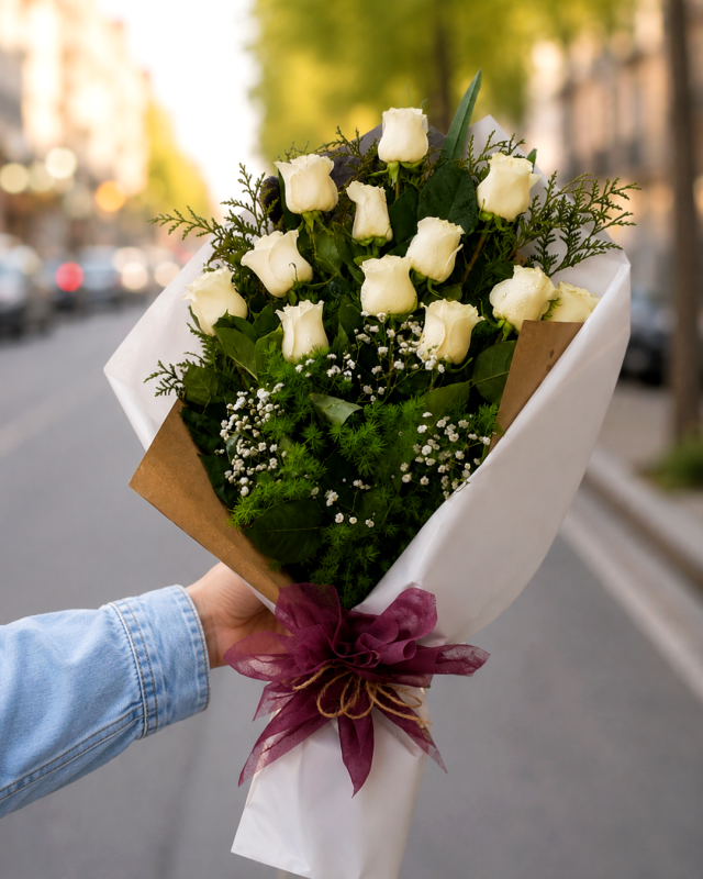 12 rosas blancas en ramo abierto