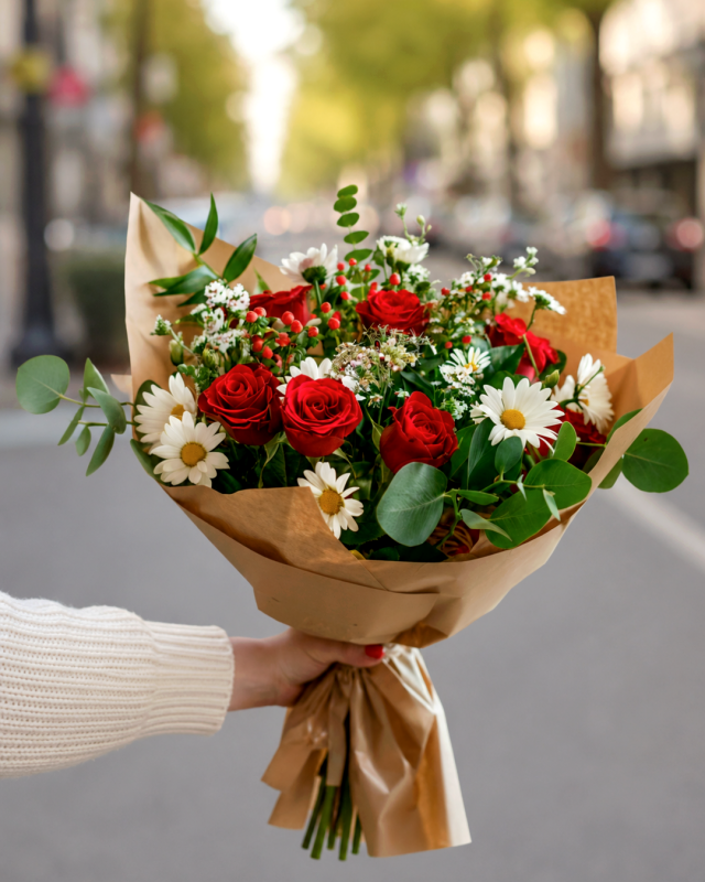 12 rosas, astromelias y verdes