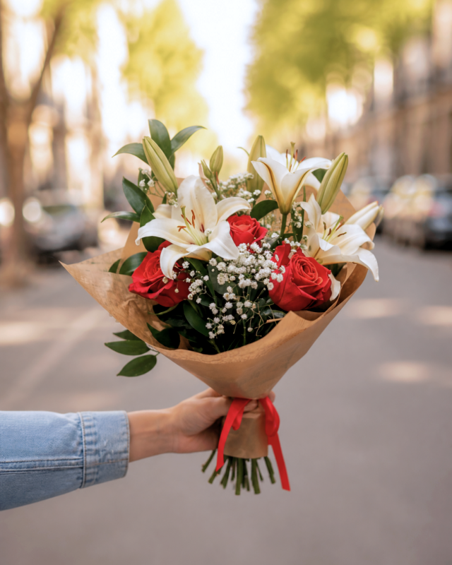 ramo de 8 rosas y lilium
