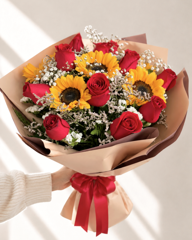 12 rosas y girasoles