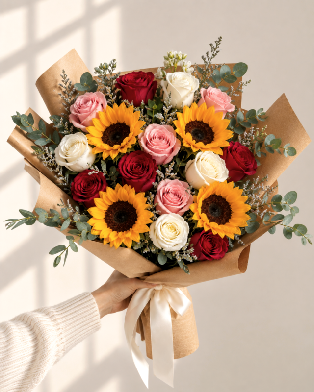 ramo abierto de 12 rosas y 4 girasoles