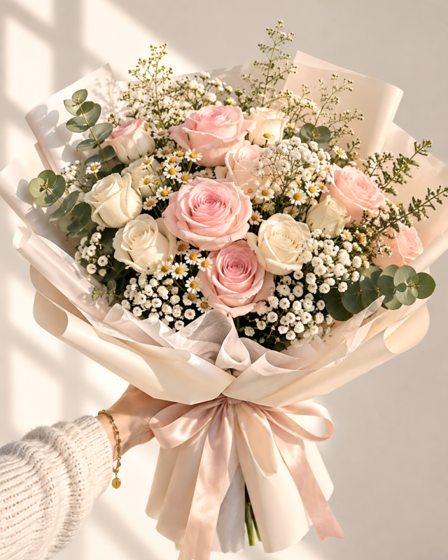 8 rosas surtidas y flores blancas