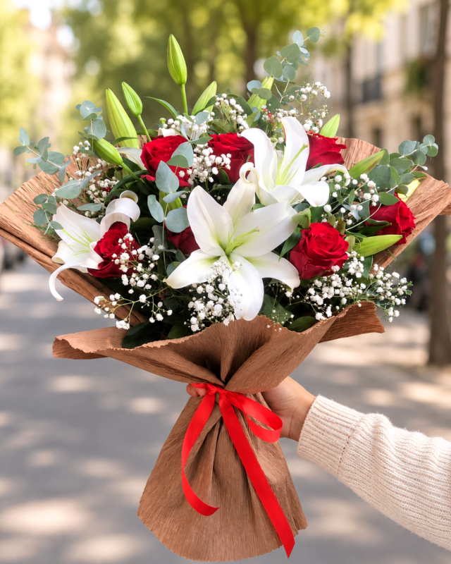 Ramo de 12 rosas y lilium