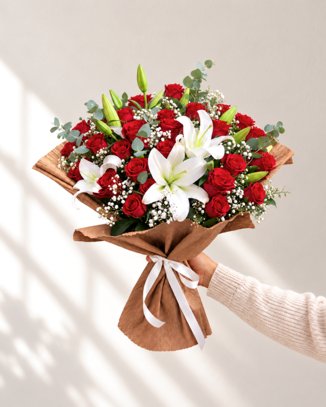24 rosas y lilium blancos