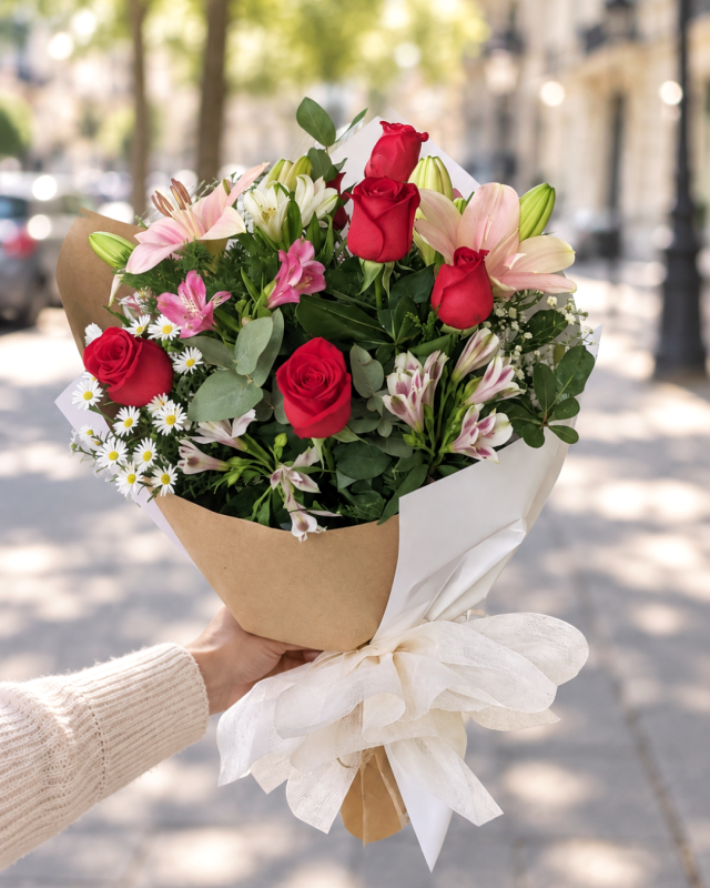 Ramo 8 Rosas, Lilium y Astromelias