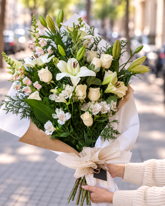 Ramo abierto de lilium y rosas en tonos blancos