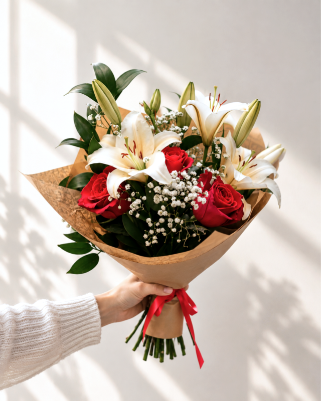 Ramo de 4 rosas y lilium blanco